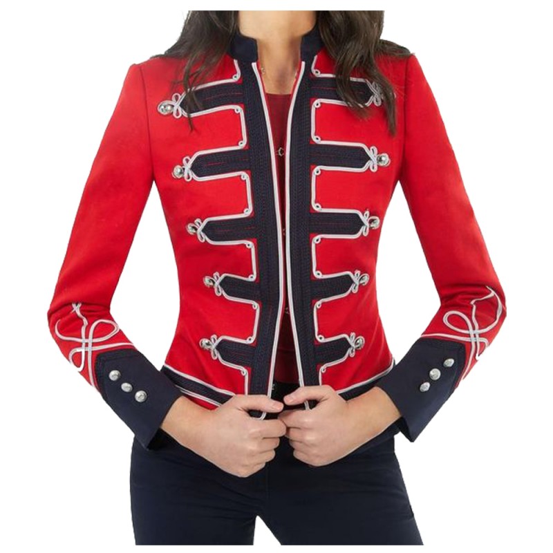 Women Red Black Wool Military Commander Officer Hussar Gothic Band Jacket 